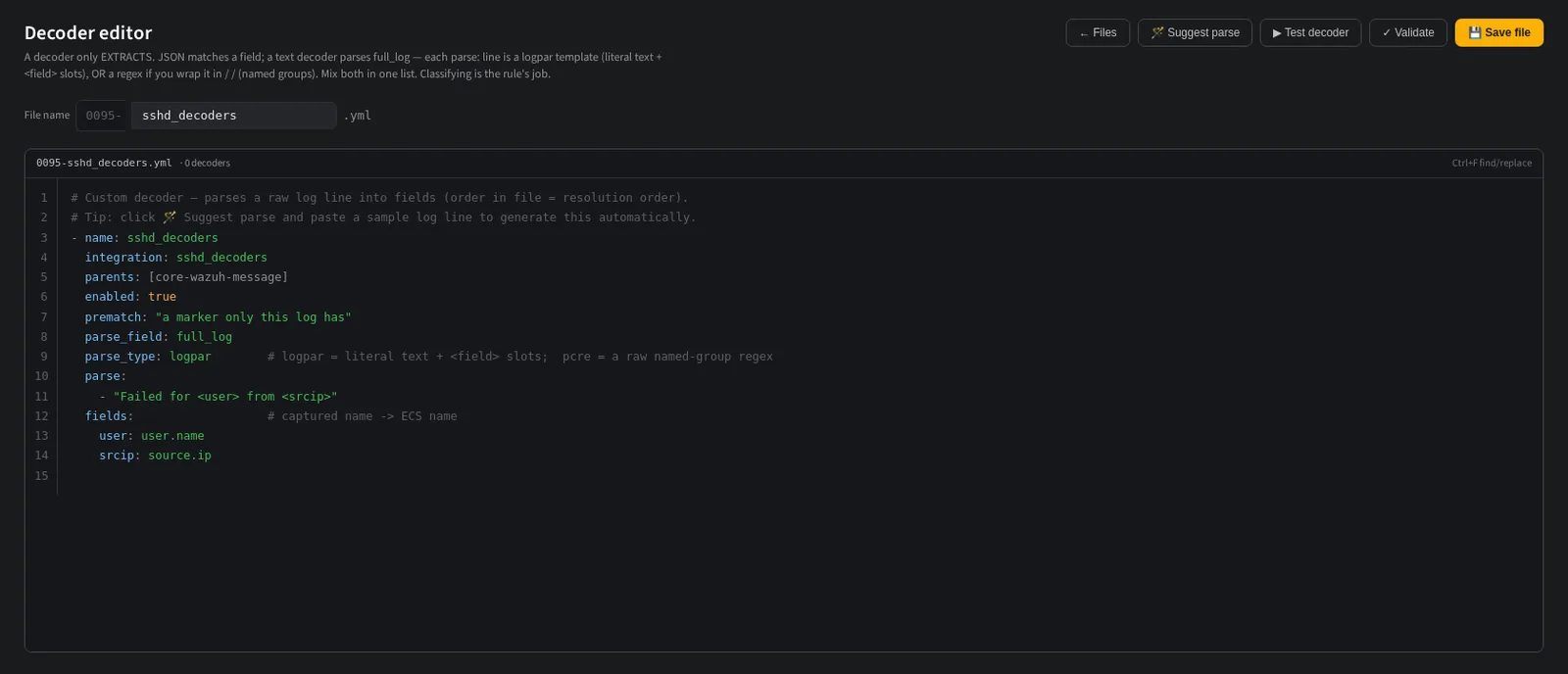 The NullSOC decoder editor: a decoder file in YAML with prematch, parse template and field mapping, beside suggest parse and test actions.